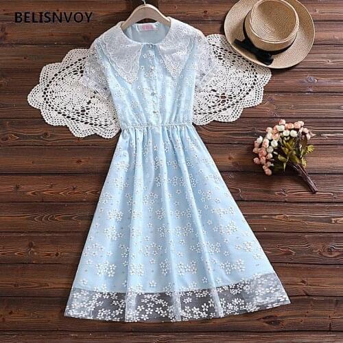2021 New Preppy Style Summer Women Cute Dress Double-layered Collar Blue Purple Patchwork Mesh Dress Floral Printer Dresses