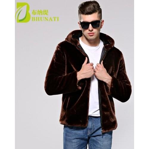 BHUNATI Winter Men Coat Faux Mink Fur Coats With Hood Thick Warm Long Sleeve Solid Fur Overcoat Fashion Fur Outerwear jackets