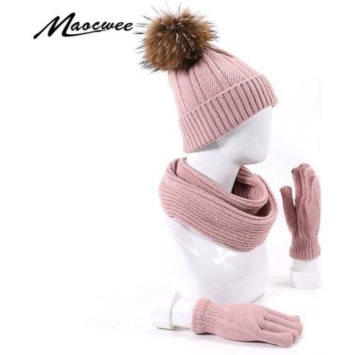 Winter Warm Real Fur Hat Knitted Raccoon 3Pcs Pompom Caps+ Scarf Gloves 3Pcs Skullies Knitting Hat Scarf Set For Men Woman 2019