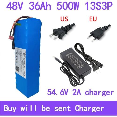 48V 36000mAh 500w 13S3P T plug 18650 Lithium ion Battery Pack 36Ah For 54.6v E-bike Electric bicycle Scooter with BMS+2A Charger
