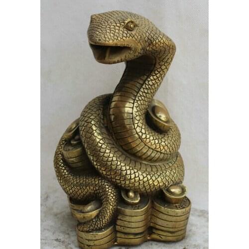 Fast shipping USPS to USA S1927 9" Chinese Brass Wealth Feng Shui Zodiac Year Snake Money sculpture Statue
