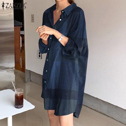 Elegant Spring Shirt Dress ZANZEA 2021 Womens Sundress Long Sleeve Short Vestidos Female Casual Check Robe Femme Plus Size 5XL