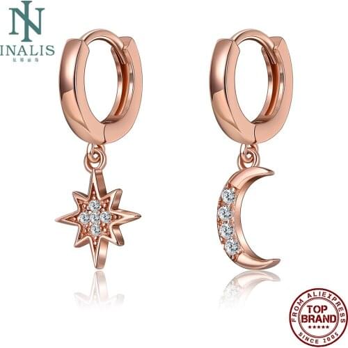 INALIS Real 925 Sterling Silver Earring Classic Geometric Women Dangle Earrings Inlay Clear Zircon Star And Moon Female Korean