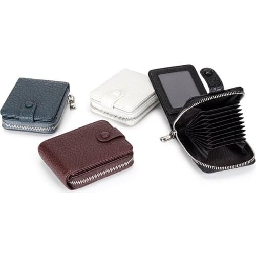 Credit Card Holder Wallet Women Multiple Card Slots Genuine Leather Zipper Hasp Ladies Bank Cardholder Case Solid Color
