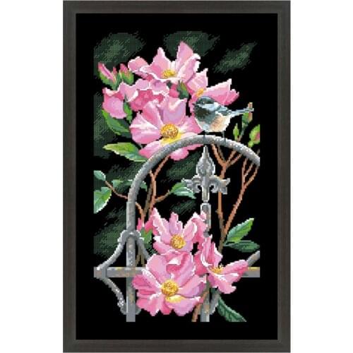 Rose and bird cross stitch kit flowers on fence18ct 14ct 11ct black fabric cotton thread embroidery DIY handmade needlework