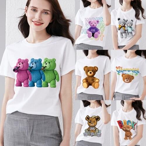 New Female Summer Ladies T-shirt Cartoon Teddy Bear Printing Series Cute T-shirt Youth Fashion All-match Shirt Short-sleeved Top