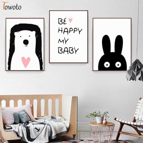 Bear Bunny Posters and Prints Canvas Painting Black White Wall Art Baby Room Unisex Nursery Decoration Pictures Newborn Gift