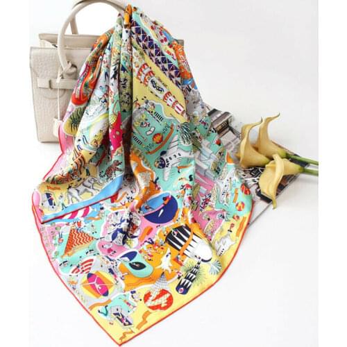 Luxury 100% Twill Silk Scarf Women Kerchief Fashion Fair Museum Print Shawl Hijab Hip Hop Square Turban 35"*35"