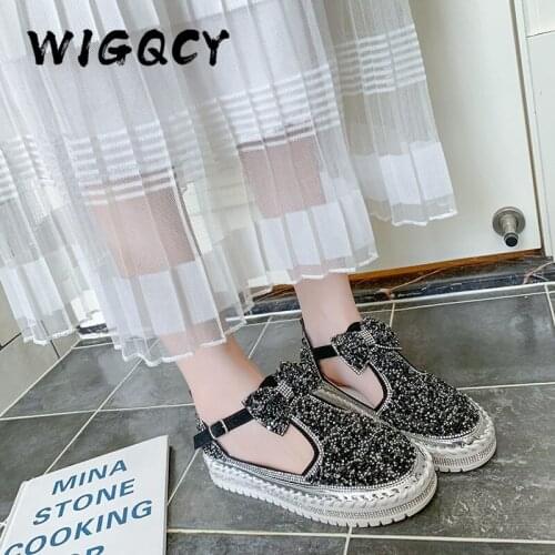 Crystal Diamonds Platform Sandals Women Flats Bling Woman Shoes Rhinestone Butterfly-knot Round Toe Buckle Strap Platform Shoes