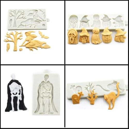 SHENHONG Halloween Theme Chocolate Sugar Craft Mold Skeleton Ghosts Pumpkin Pie Witch Bat Cat Silicone Fondant Cake Mould