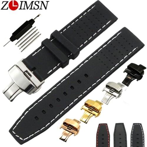 ZLIMSN 22mm Silicone Watchbands Deployment Butterfly Buckle Black White Red Stitched Waterproof Rubber Strap Relojes Hombre 2017