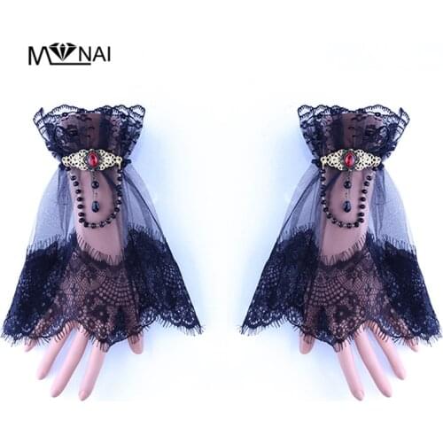 Vintage Steampunk Gloves Wrist Cuff Beaded Chain Crystal Retro Black Victorian Bracelet Costume Accessories