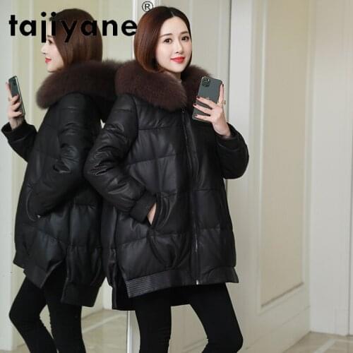 Tajiyane Leather Coats Women White Duck Down Jackets Real Sheepskin Jacket Woman Natural Fox Fur Collar Hooded Parkas Ropa TN621