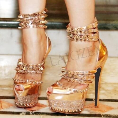 LAIGZEM SEXY Women Sandals Peep Toe Heels Studded Metallic Platform Sandals Fashion Sandalia Shoes Ladies Woman Large Size 34-43