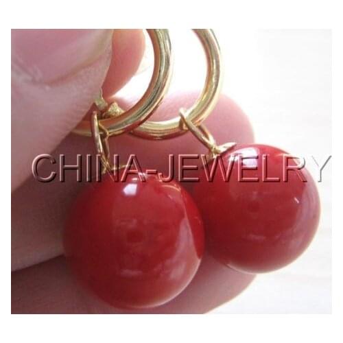 Womens Beautiful AAA 10mm perfect round red coral earring -14kgold filled^^@^Noble style Natural Fine jewe FREE