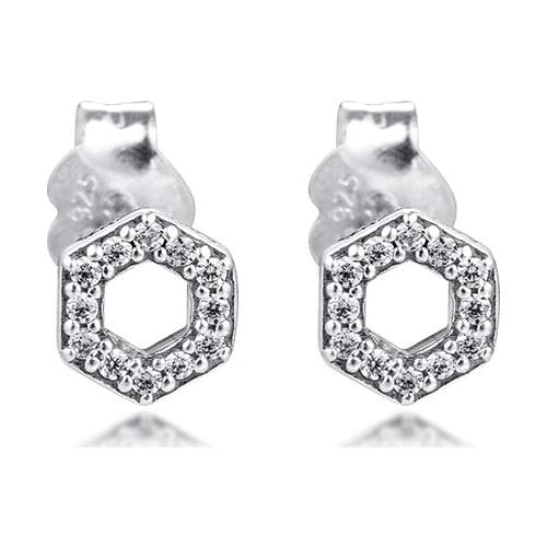 Sparkling Honeycomb Hexagon Stud Earrings 100% 925 Sterling Silver Jewelry for Women Free Shipping