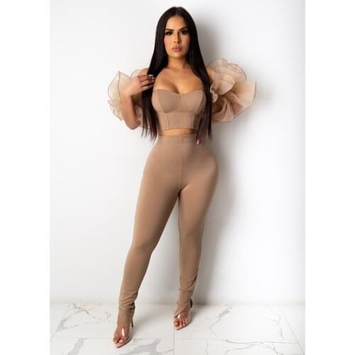 2021 New Fashion Women Sexy Two-Pieces Suit Sets Femme Elegant Off Shoulder Puff Sleeve Mesh Top & Pants Set