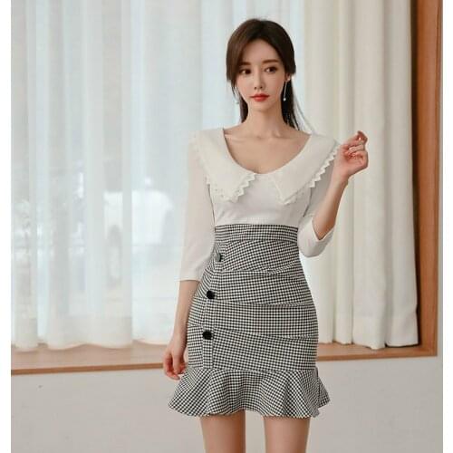 S-XL Plus Size Contrast Summer Plaid Dress Ladies Three Quarter Ruffle Mini Dress Women Tight Empire Bodycon Wrap elegant dress