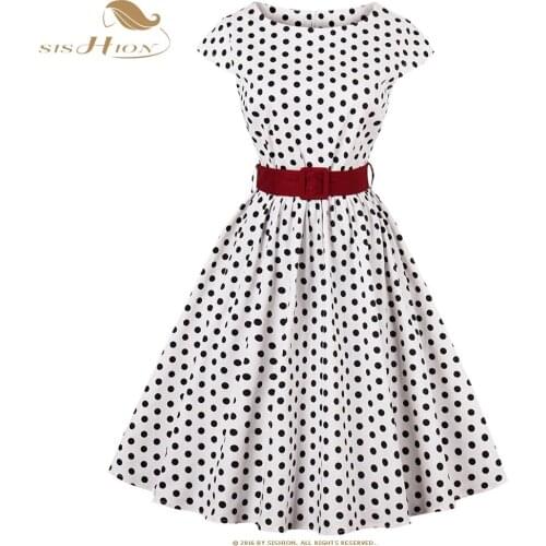Polka Dot Dress SISHION Cap Sleeve White Black Dot Plus Size Women Dresses 50s 60s Big Swing Retro Vintage Summer Dress VD0677