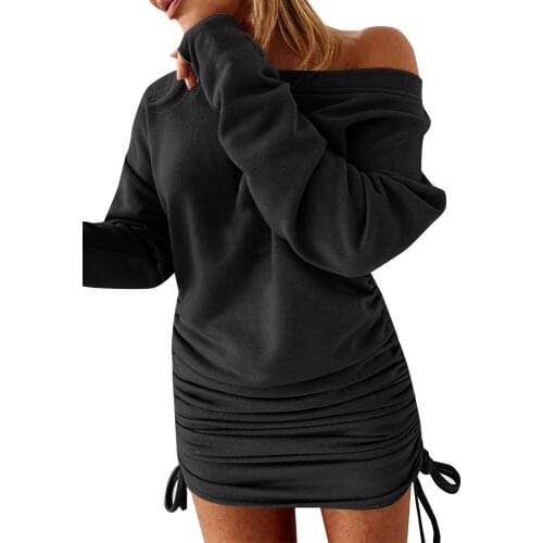 Spring Autumn Women Vogue Casual Long Sleeve Crew Collar Loose Mini Dress Winter Warm Basic Tunic Stylish Drawstring Clothes