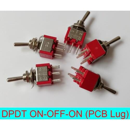 10pcs/Lot DPDT 6Pins 3Position ON-OFF-ON Miniature Rocker Toggle Switch with PCB Lug,3A/250VAC,6A/125VAC