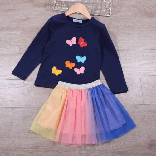 2021 Girls Clothing Sets Spring Autumn Butterfly Print Long Sleeve Top+Multicolor Mesh Skirt 2Pcs Kids Clothes Outfit