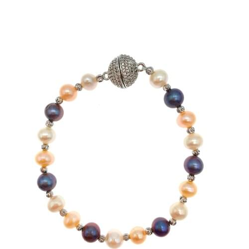 7-8mm Multicolor White Black Peach Pink Freshwater Pearls Bracelet Combination with 4mm Stainless Steel Beads For Women 7.5 Inch