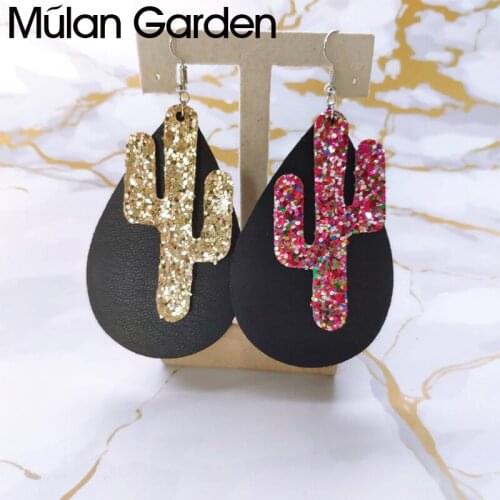 Glitter Cactus Faux Leather Earrings for Women Western Style Black Teardrop Earring Female Fashion Jewelry Lightweight Wholesale