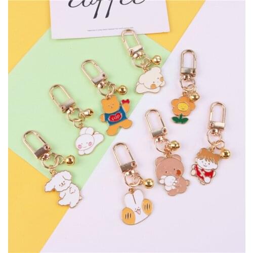 Korean Rabbit Puppy Bear Keychains Metal Earphone Case Pendant Girls Student Backpack Trinkets Cartoon Fashion Animal Jewelry