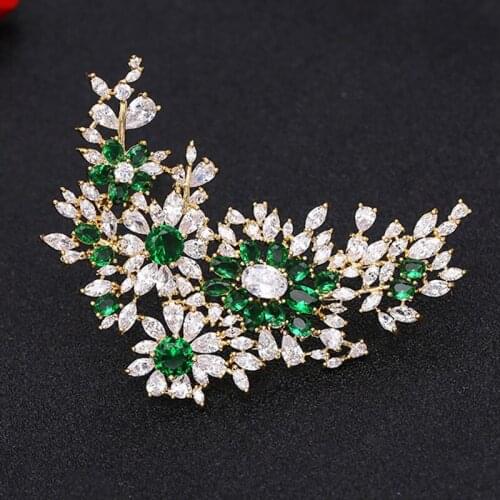 Zlxgirl Luxury brand Green Cubic zircon flower wedding bridal brooch jewelry Womens new year gifts Scarf pins hijab accessory