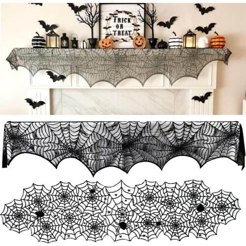Halloween Decoration Black Lace Spiderweb Tablecloth Fireplace Mantle Scarf for Halloween Party Home Table Fireplace Decoration