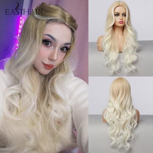 EASIHAIR Long Wavy Light Blonde Ombre Synthetic Wigs for Women Cosplay Middle Part Wave Wigs Natural Hair Heat Resistant