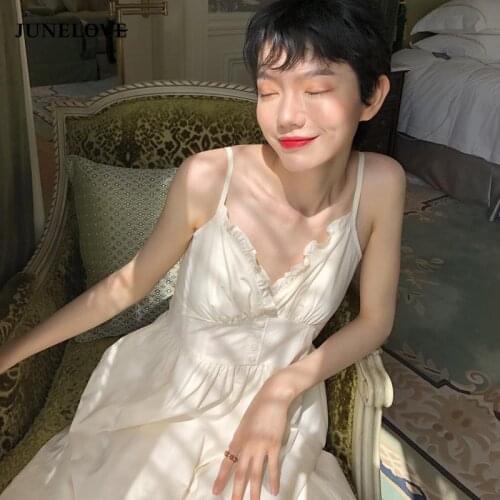 JuneLove 2021 Summer Vintage Black Strap Dress Women Kawaii Sweet White Midi Fairy Dress Elegant Cute Casual Outdoor Slim Dress