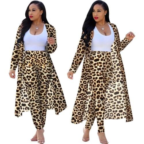 COLDKER Women 2 Piece set leopard Printed Tracksuits Cloak Womens Long Sleeve coat Set streetwear clothing for ladies