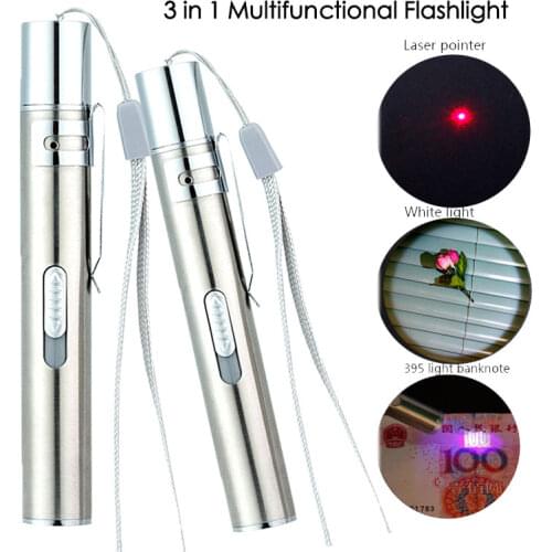 Mini 3in1 USB Rechargeable LED Flashlight Powerful LED Torch Waterproof Design Penlight uv light banknote /Laser pointer light
