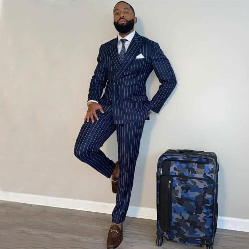 Navy Vertical Stripe Mens Suits Peaked Lapel Wedding Male Blazer Formal Tuxedos Double Breasted Prom Jacket And Trousers