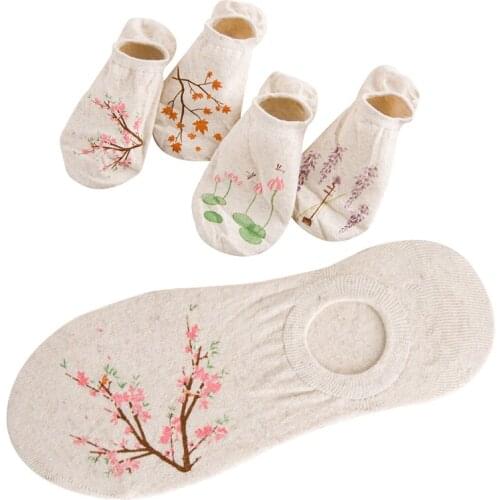 4 Pairs Women Socks Chinese Style Novelty Invisible Non-slip Silicone Boat Sock Summer Deodorant Peach blossom Lotus Female Meia