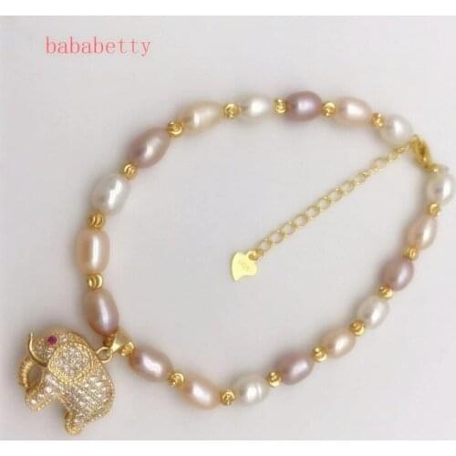 New natural freshwater Rice shape white pink purple multicolor Bracelet inlay elephant Tibetan silver clasp +4CM chain