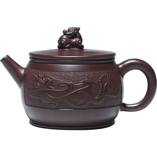 Fine Carved Dragon Teapot Handmade Yixing Purple Clay Teapot Purple Zhunilong World Soaking Teapot Kung Fu Tea Set