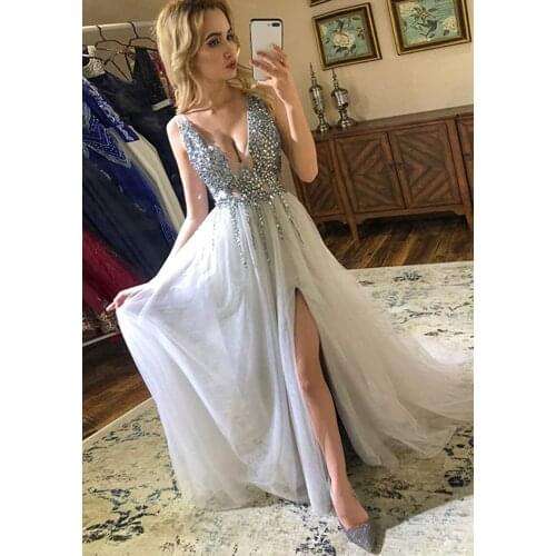 Prom Dresses Sexy Deep V Neck Sequins Beads Tulle and Lace High Split Long Evening Dresses Bridal Wedding Dress wa20