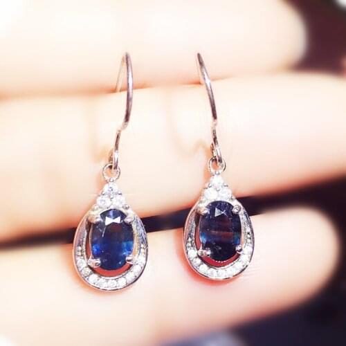 Natural real dark sapphire drop earring Per jewelry 5*7mm 1ct*2pcs gemstone 925 sterling silver Fine jewelry X21757
