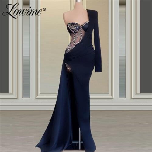Navy Blue One Shoulder Long Evening Dresses 2021 Vestidos De Fiesta Handmade Crystals Beaded Illusion Dresses For Women Party