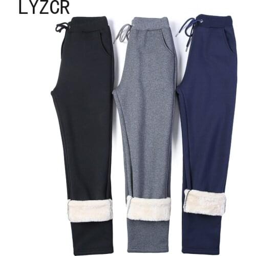 LYZCR Winter Thick Cashmere Pants For Women Harem Warm Velvet Womens Pants Casual Lambskin Trousers Woman Elastic Waist pant
