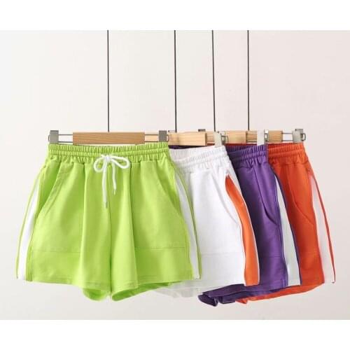 Womens elastic waist lace up loose cotton shorts 2021 summer sweet girl sports fitness contrast stitching zipper wide leg pants