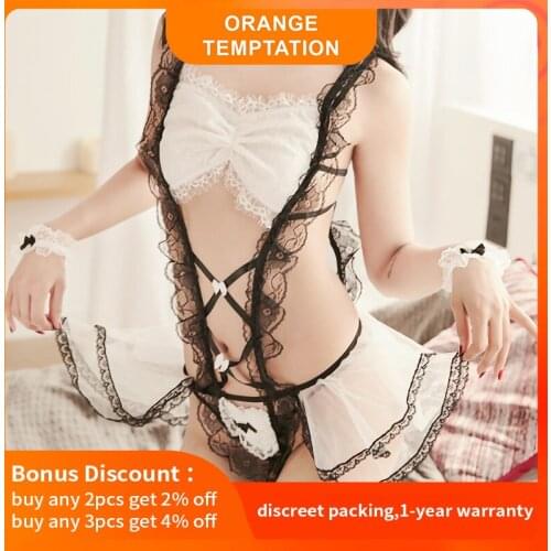 Bow Lace Maid Cosplay Sexy Lingerie Set See Through Costumes Underwear Servant Classical Erotic Lace Outfit Sexy Dress For Women
