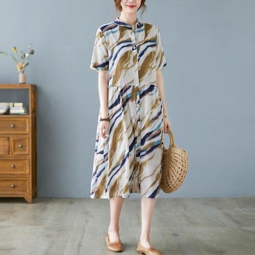Women Summer Cotton Linen Dress New Arrival 2021 Arts Style Vintage Print Stand Collar Loose Ladies A-line Long Dresses B835