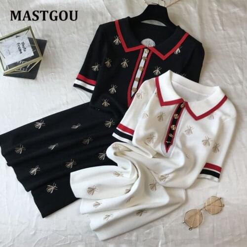 MASTGOU Peter Pan Collar Knitted Dress Women Embroidery Animal Striped Summer Party A Line Dress Above Knee Mini Dresses Y2K