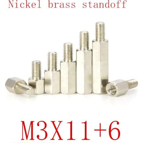 100PCS m3x11+6 Male to Female nickel Brass Standoff Spacer M3 Hexagonal Stud Spacer Pillars