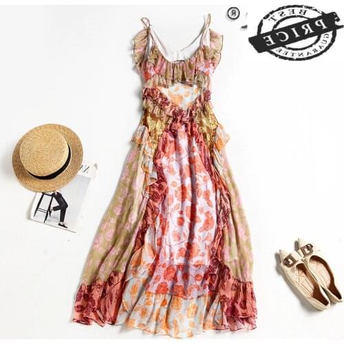 100% High Quality Silk Summer Dress Female 2021 Floral Beach Dresses for Women Elegant Midi Sundress Vestido De Mujer a0a