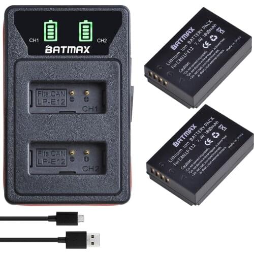Batmax LP-E12 LPE12 Battery akku+LED Dual Charger with Type C Port &USB Cable for Canon EOS M50, EOS M100,100D Kiss X7 Rebel SL1